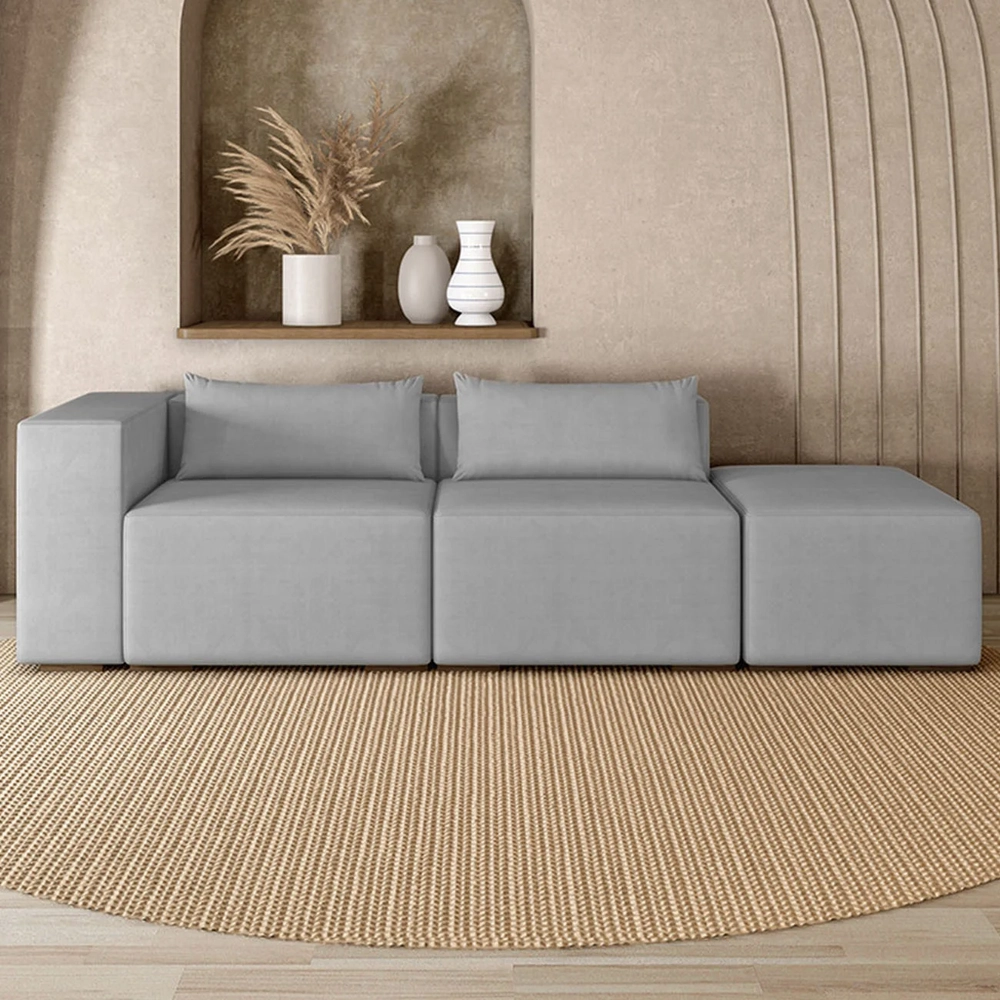 Sofá 5 Lugares 343cm Com Puff Direito Fay Veludo Cinza Z55 - Mpozenato