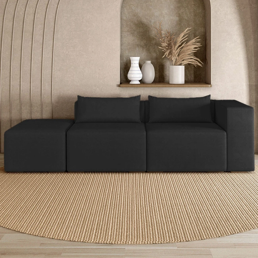 Sofá 4 Lugares 303cm Com Puff Esquerdo Fay Veludo Preto Z55 - Mpozenato