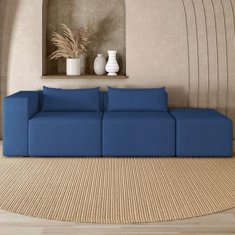 Sofá 4 Lugares 303cm Com Puff Direito Fay Veludo Azul Z55 - Mpozenato