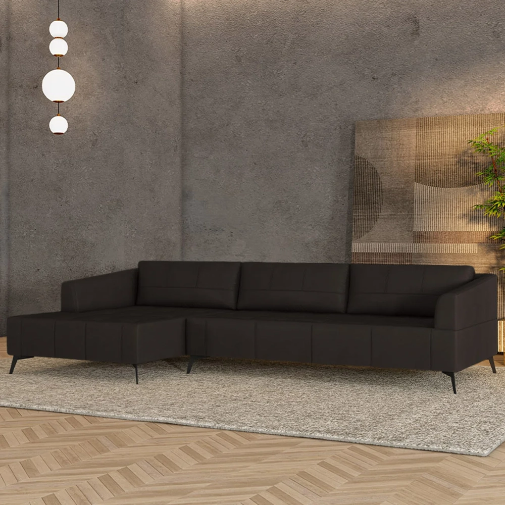 Sofá 5 Lugares 366cm Com Chaise Esquerdo Eko Couro Marrom Z55 - Mpozenato