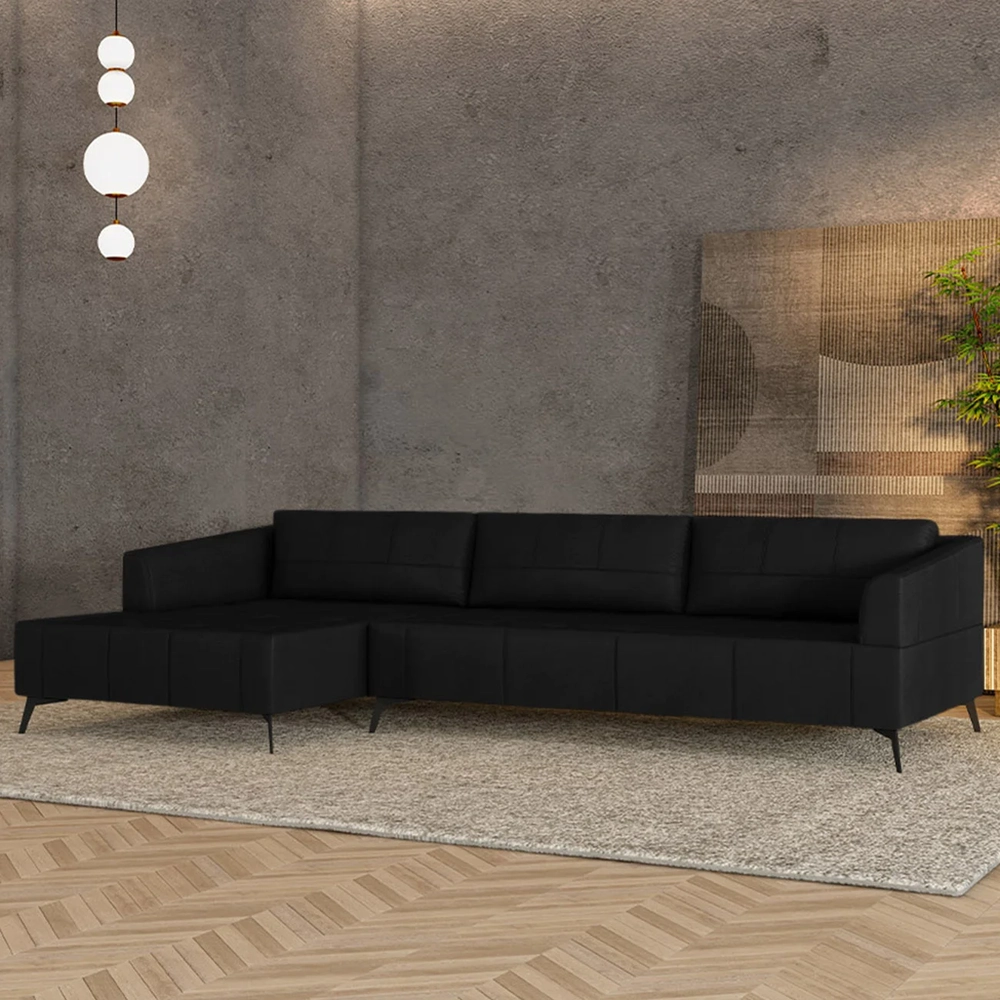 Sofá 4 Lugares 286cm Com Chaise Esquerdo Eko Couro Preto Z55 - Mpozenato