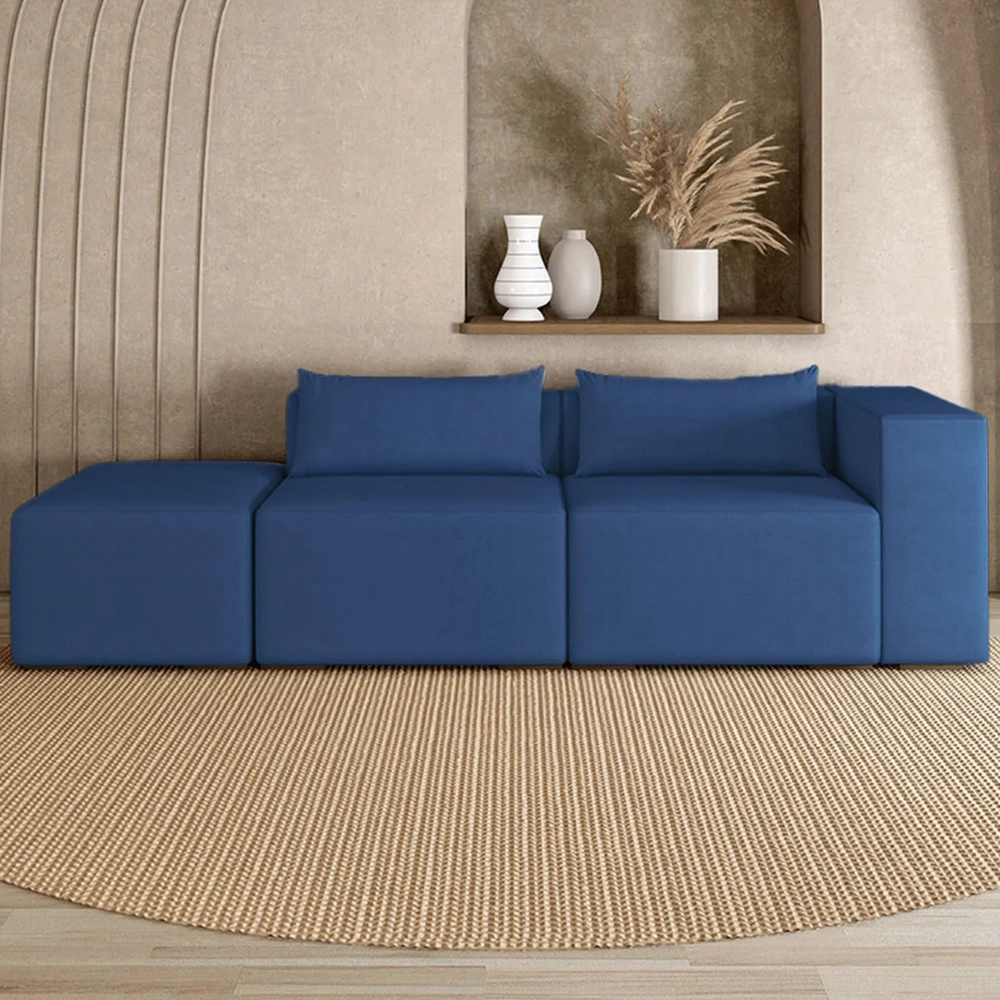 Sofá 4 Lugares 323cm Com Puff Esquerdo Fay Veludo Azul Z55 - Mpozenato