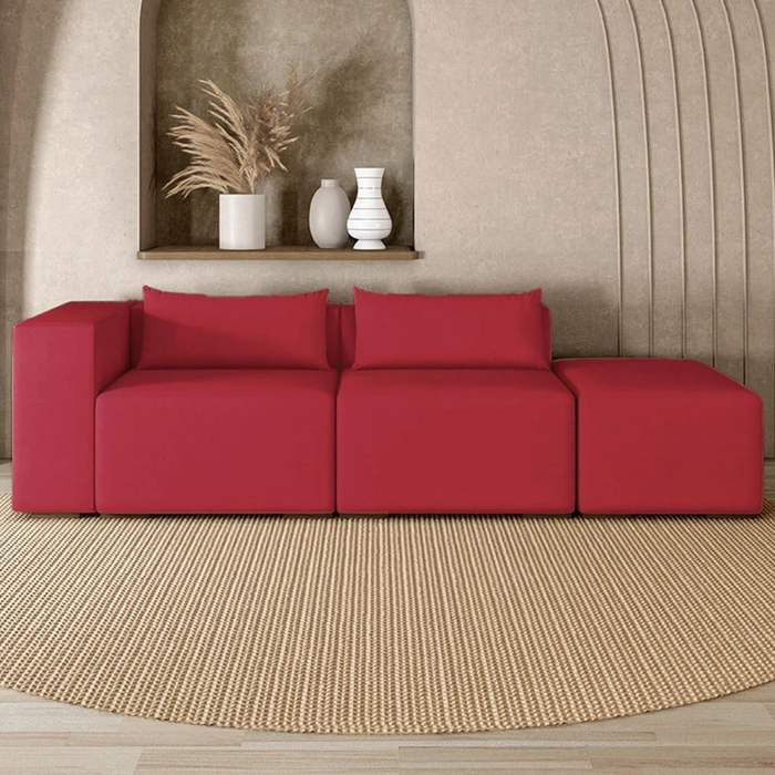 Sofá 5 Lugares 343cm Com Puff Direito Fay Veludo Vermelho Z55 - Mpozenato