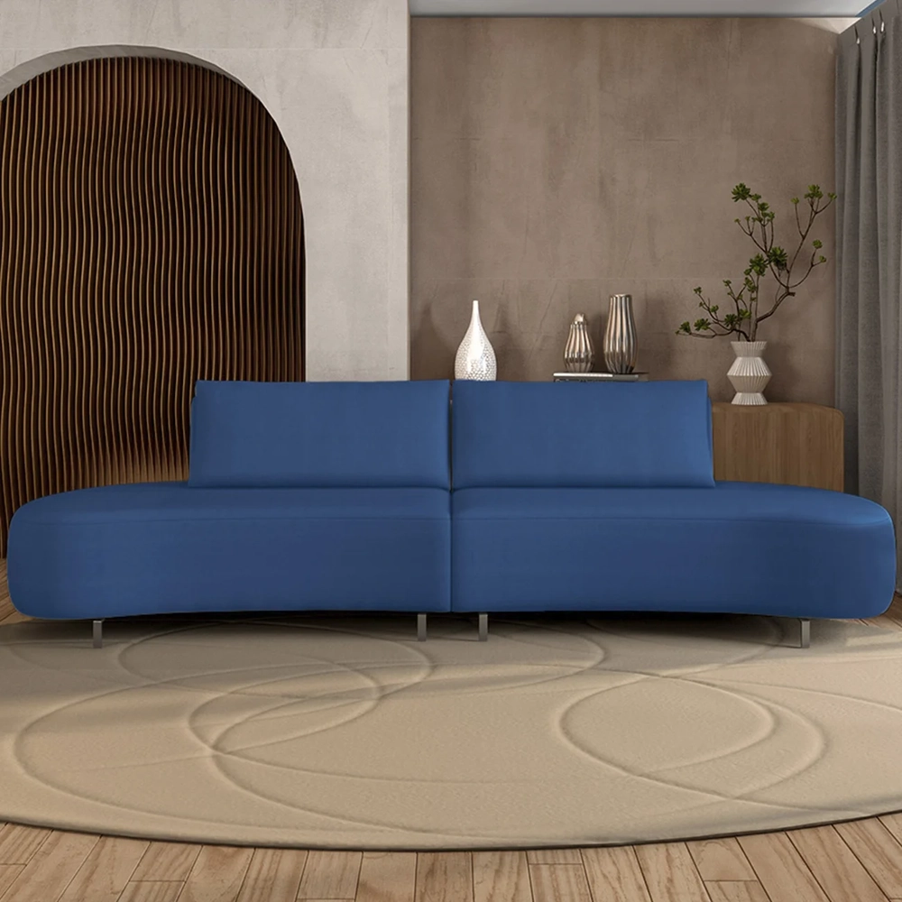 Sofá 3 Lugares 180cm Orgânico Pé Ferro Nagai Veludo Azul Z55 - Mpozenato