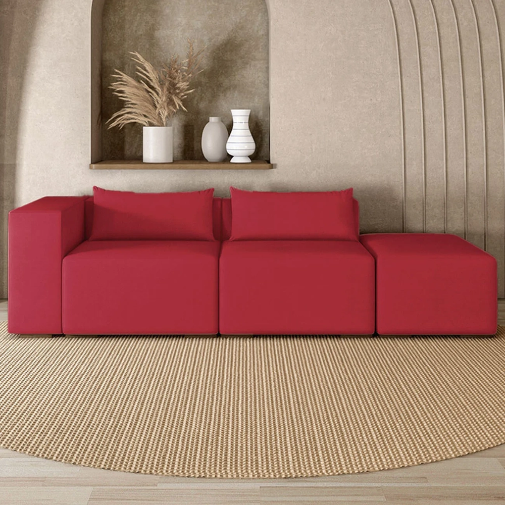 Sofá 4 Lugares 323cm Com Puff Direito Fay Veludo Vermelho Z55 - Mpozenato