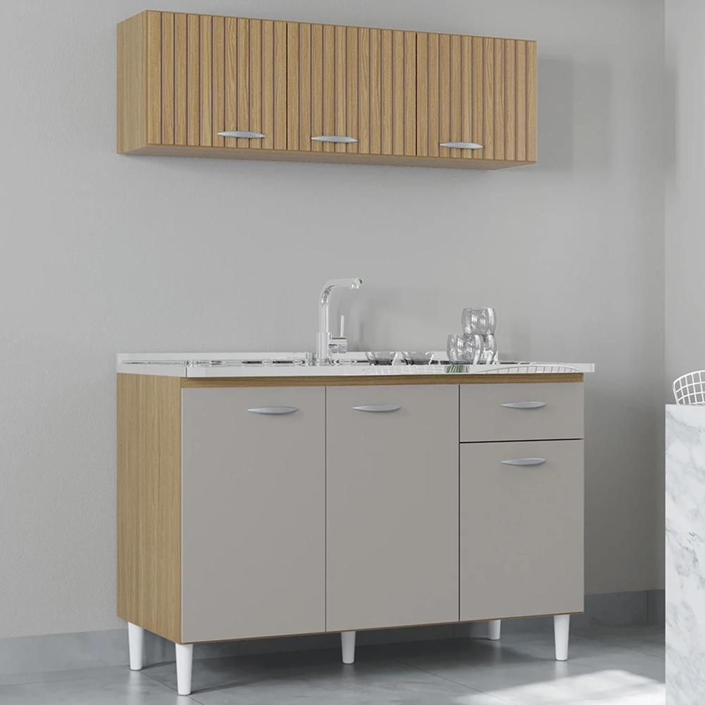 Armário e Balcão com Pia 120cm Classic Ripado Damasco/Off Z46 - Mpozenato