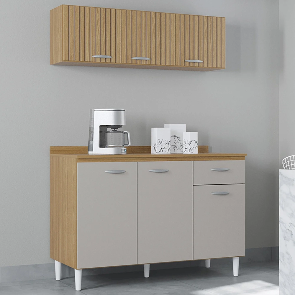 Armário e Balcão com Tampo 120cm Classic Ripado Damasco/Off Z46 - Mpozenato