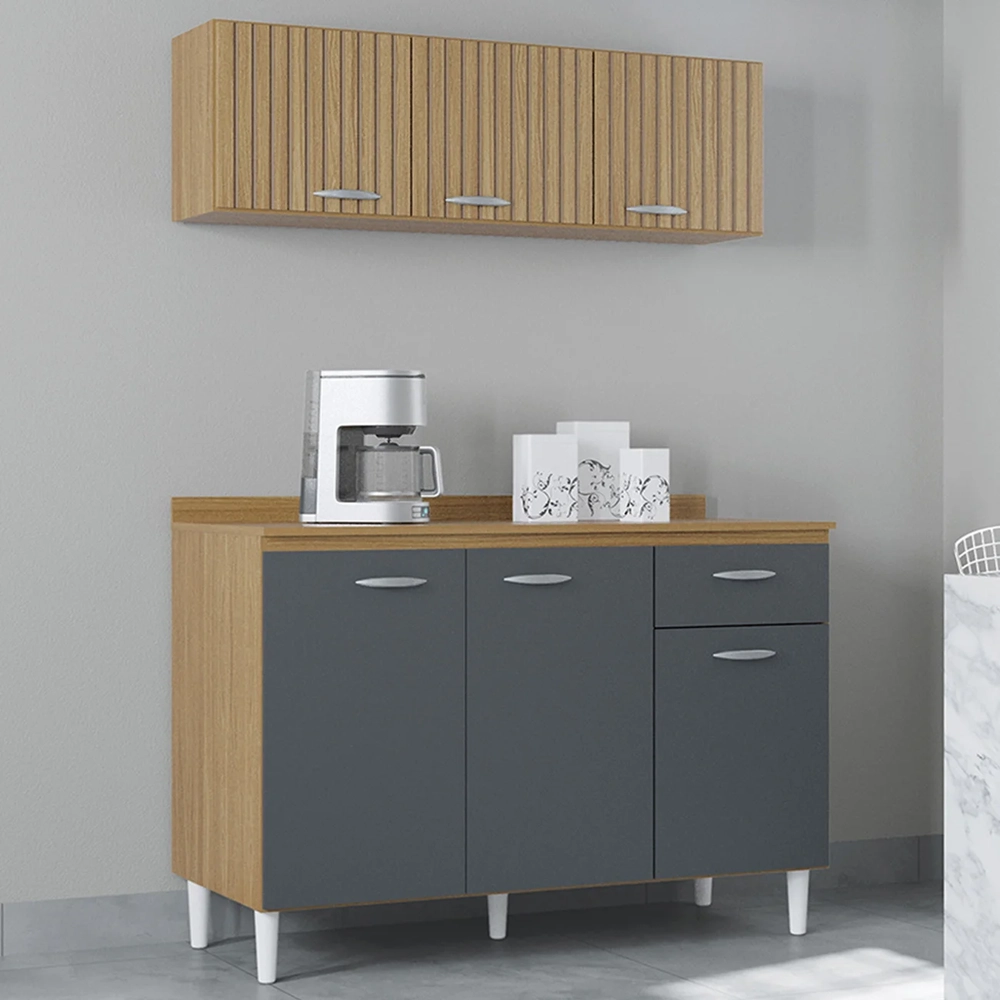 Armário e Balcão com Tampo 120cm Classic Ripado Damasco Cinza Z46 - Mpozenato