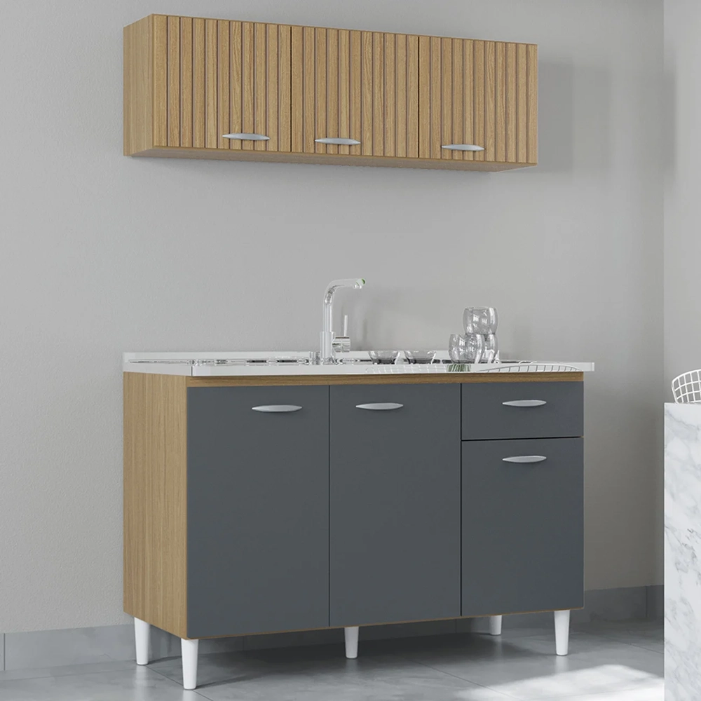 Armário e Balcão com Pia 120cm Classic Ripado Damasco Cinza Z46 - Mpozenato