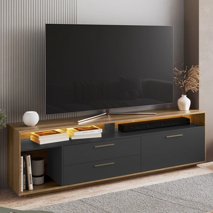 Rack TV 75 Pol 200cm Com LED 1 Porta Mova Mel/Grafite A05 - Mpozenato