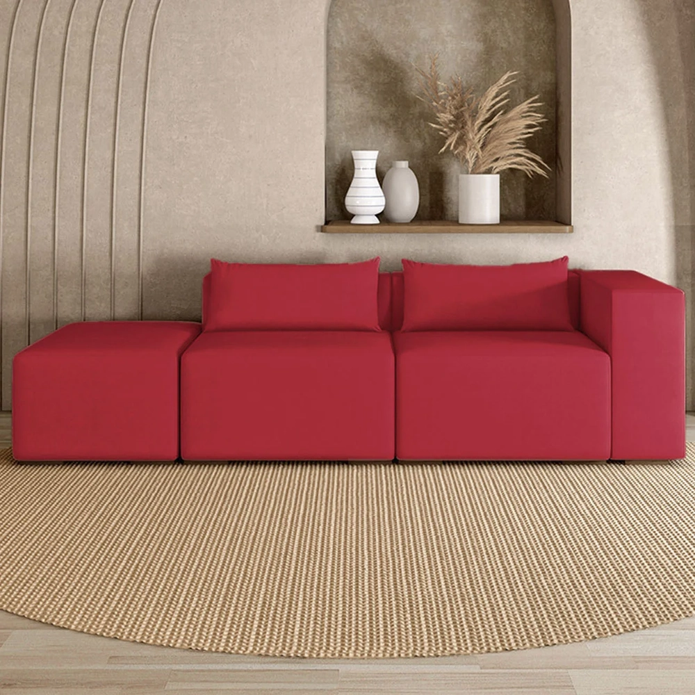 Sofá 4 Lugares 283cm Com Puff Esquerdo Fay Veludo Vermelho Z55 - Mpozenato