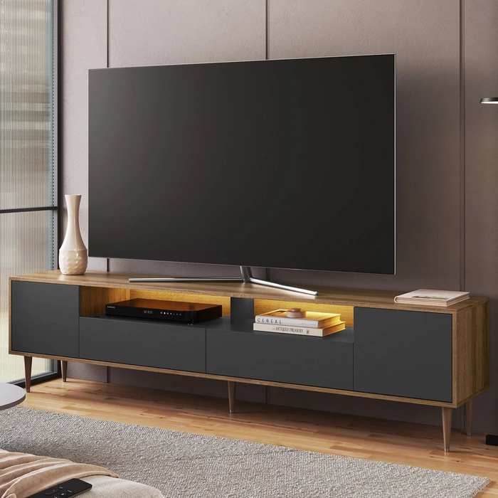 Rack TV 75 Pol 200cm Com LED Pés Palito Caza Mel/Grafite A05 - Mpozenato