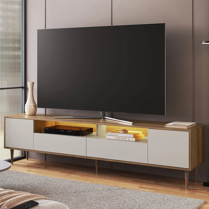 Rack TV 75 Pol 200cm Com LED Pés Palito Caza Mel/Arenas A05 - Mpozenato