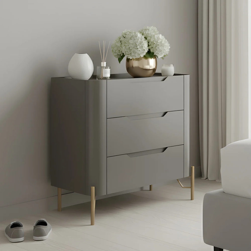 Mesa Cabeceira Quarto 68cm 3 Gavetas Blen Grigio/Dourado I06 - Mpozenato