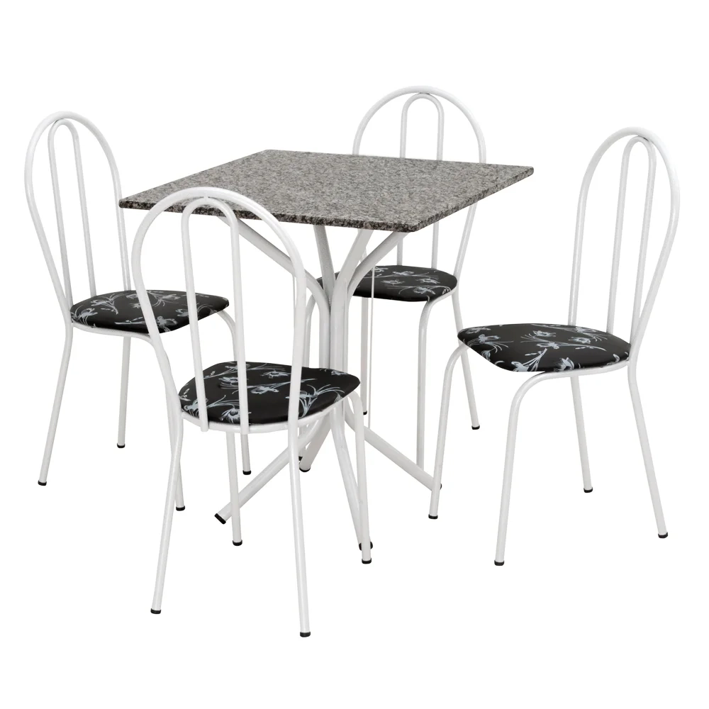 Jogo de Mesa e 04 Cadeiras Thais com Tampo Granito Branca/Assento Preto Floral - Artefamol