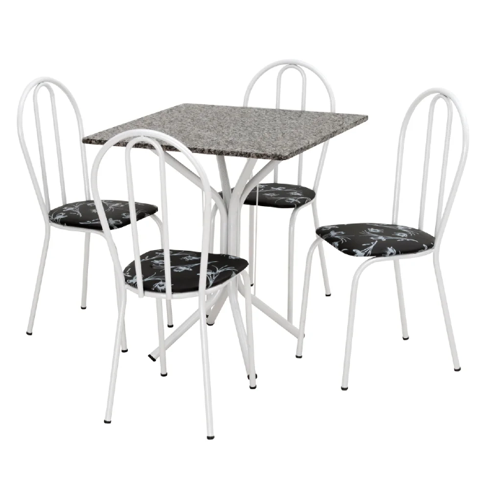 Jogo de Mesa e 04 Cadeiras Thais com Tampo Granito Branca/Assento Preto Floral - Artefamol