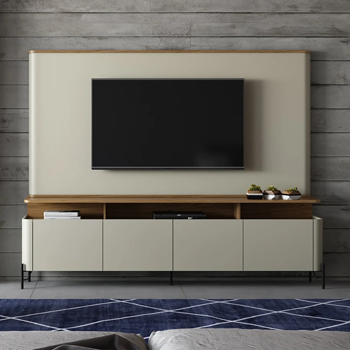 Painel TV 75 Pol e Rack Sala Porta Lisa Blen Louro/Luna/Preto I06 - Mpozenato