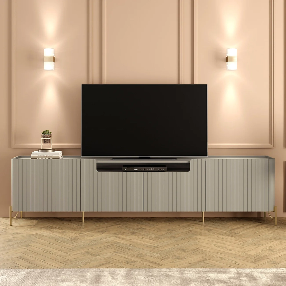 Rack TV 75 Pol 220cm 4 Portas Brise Blen Grigio/Dourado I06 - Mpozenato