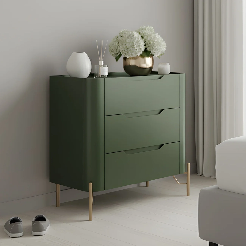 Mesa Cabeceira Quarto 68cm 3 Gavetas Blen Musgo/Dourado I06 - Mpozenato