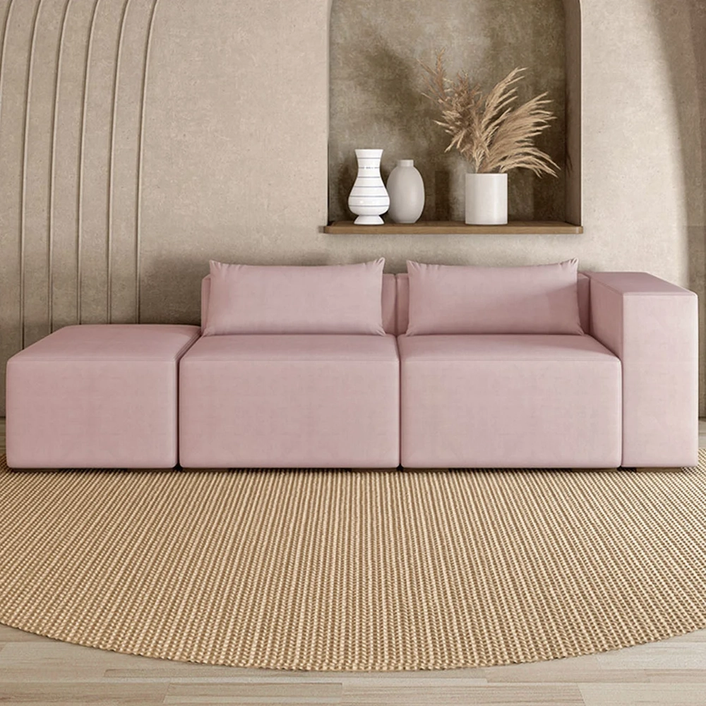 Sofá 5 Lugares 343cm Com Puff Esquerdo Fay Veludo Rose Z55 - Mpozenato