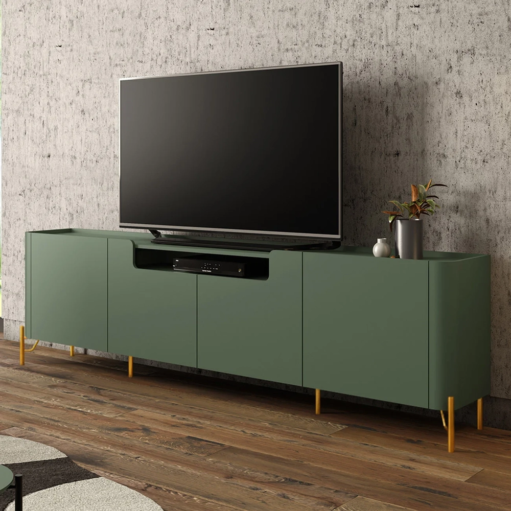 Rack TV 75 Pol 220cm 4 Portas Lisas Blen Musgo/Dourado I06 - Mpozenato