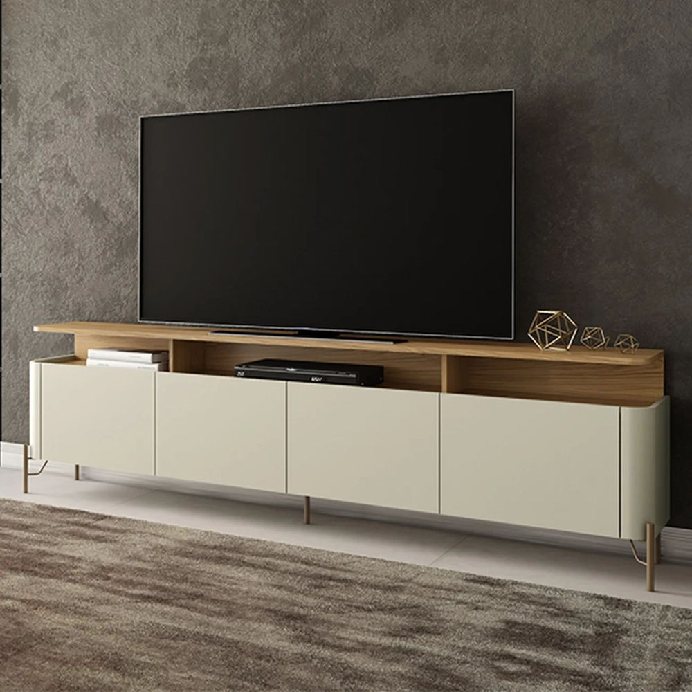 Rack TV 75 Pol 220cm Portas Lisas Blen Louro/Luna/Dourado I06 - Mpozenato