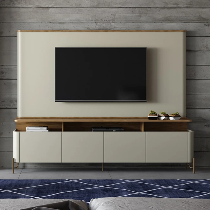 Painel TV 75 Pol e Rack Sala Porta Lisa Blen Louro/Luna/Dourado I06 - Mpozenato