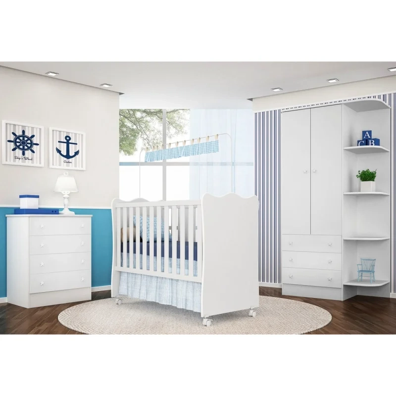 Berço Simples 130x60 Cômoda e Guarda Roupa Doce Sonho Branco - Qmovi