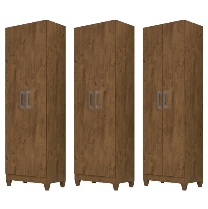 Kit 3 Armários Organizadores Multiuso Íris 2 Portas Castanho Wood - Moval