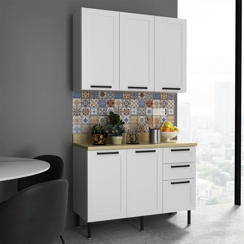 Armário Cozinha Balcão Tampo 120cm CP3 Zaya Branco/Carvalho T01 - Mpozenato