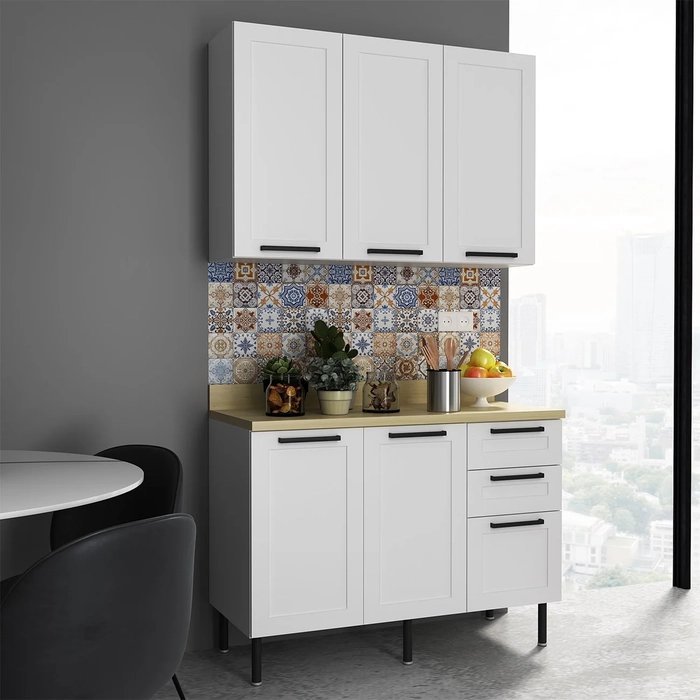 Armário Cozinha Balcão Tampo 120cm CP3 Zaya Branco/Carvalho T01 - Mpozenato