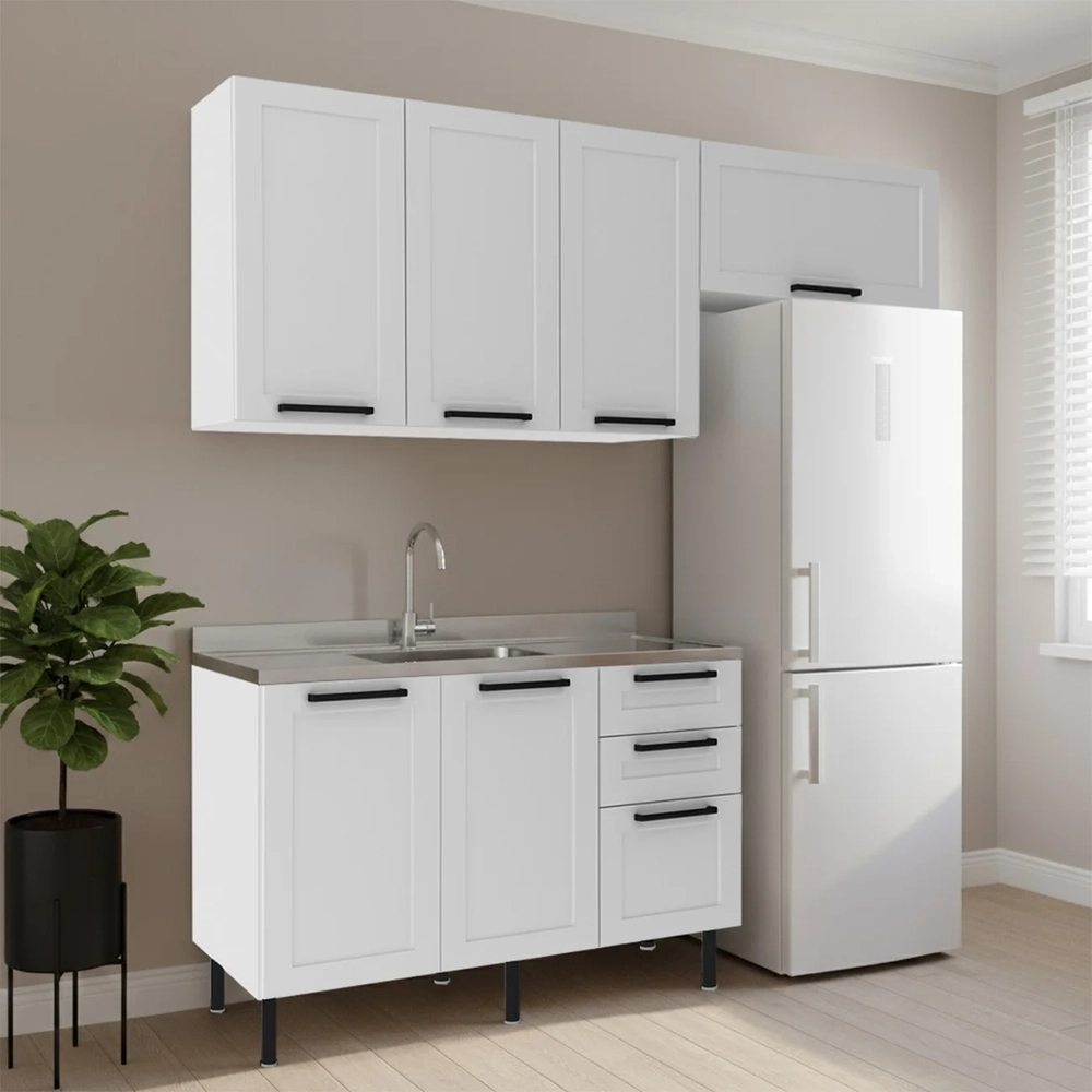 Armário Cozinha 3 Peças Balcão Com Pia CP4A Zaya Branco T01 - Mpozenato