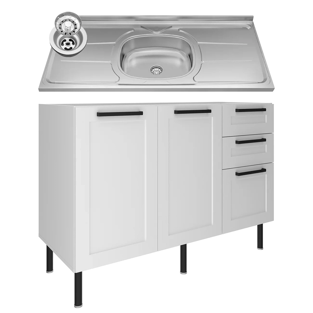 Balcão de Cozinha Com Pia 120cm Zaya Branco/Carvalho T01    - Mpozenato