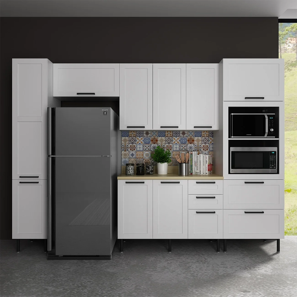 Armário Cozinha 4 Peças Balcão Tampo CP6B Zaya Branco/Carvalho T01 - Mpozenato