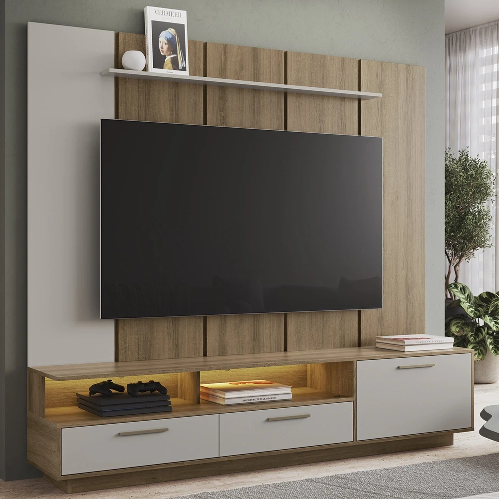 Estante Painel TV 75 Pol com LED 200cm Dolphin Mel/Arenas A05 - Mpozenato