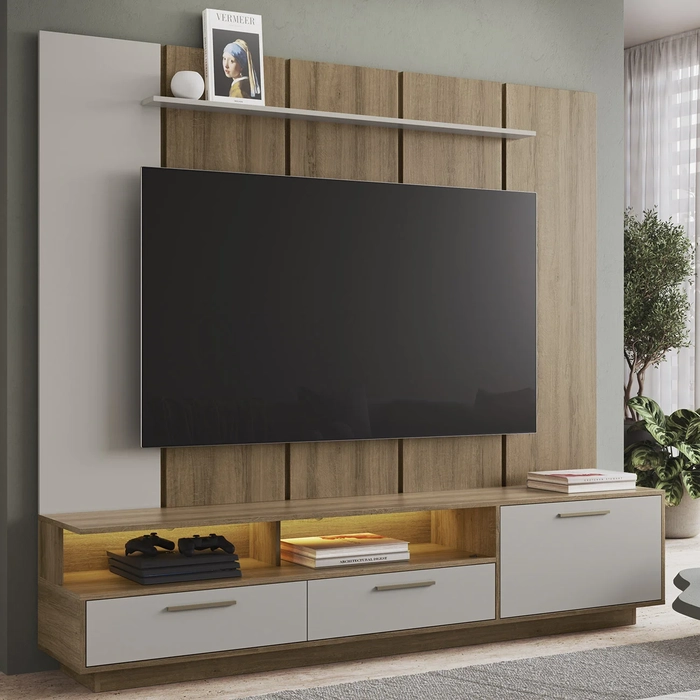 Estante Painel TV 75 Pol com LED 200cm Dolphin Mel/Arenas A05 - Mpozenato