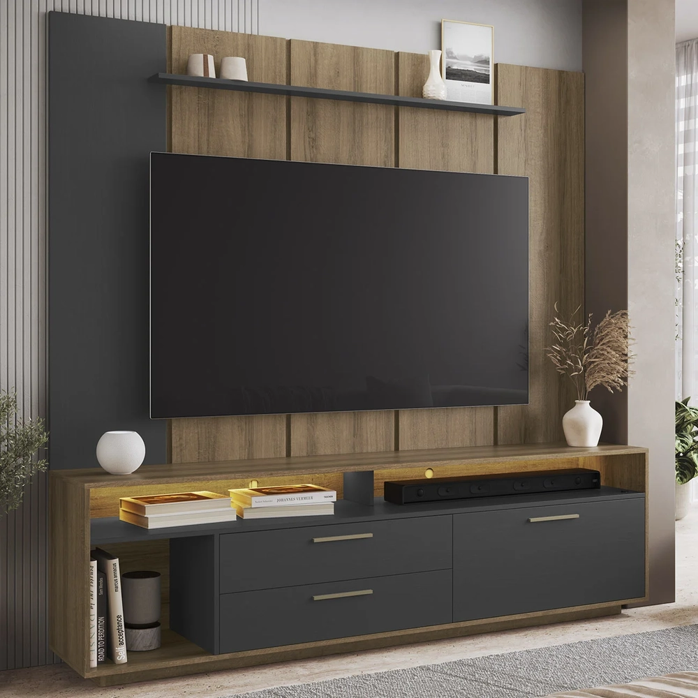 Estante Painel TV 75 Pol com LED 200cm Agrale Mel/Grafite A05 - Mpozenato