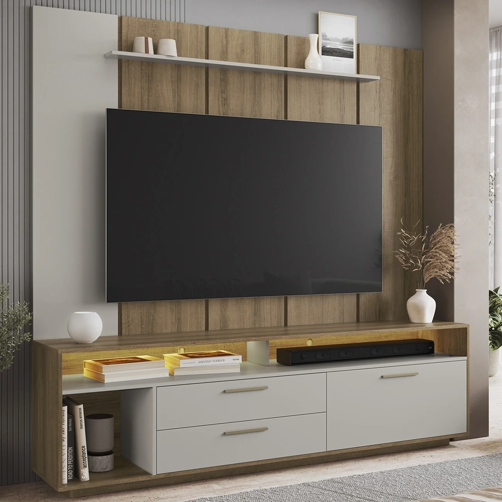 Estante Painel TV 75 Pol com LED 200cm Agrale Mel/Arenas A05 - Mpozenato