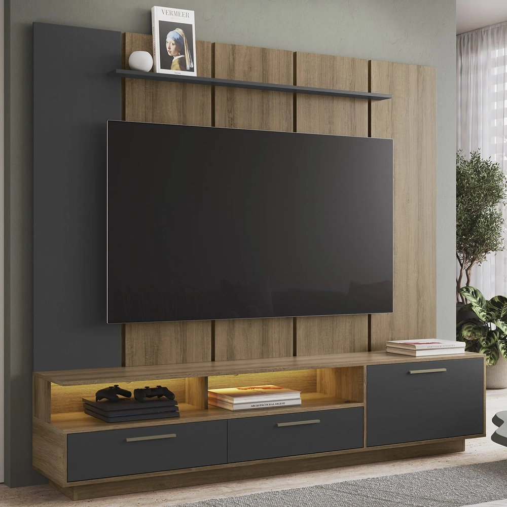 Estante Painel TV 75 Pol com LED 200cm Dolphin Mel/Grafite A05 - Mpozenato