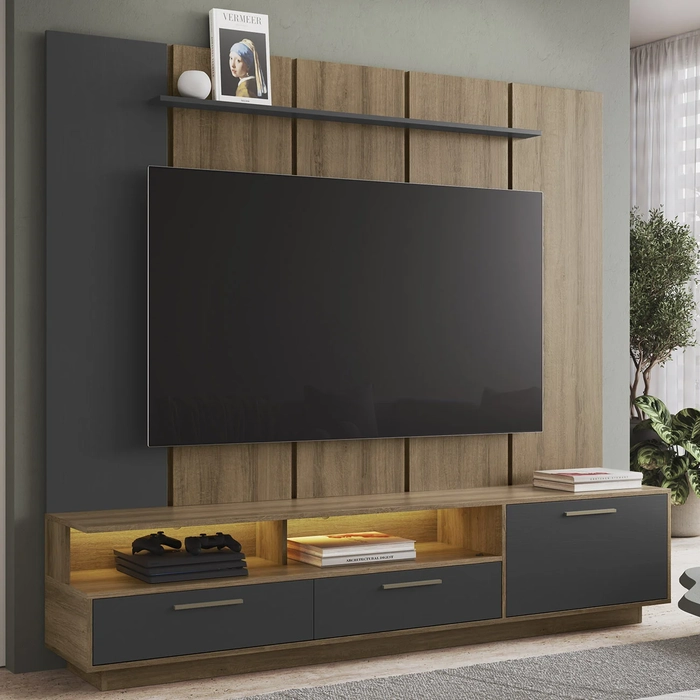 Estante Painel TV 75 Pol com LED 200cm Dolphin Mel/Grafite A05 - Mpozenato