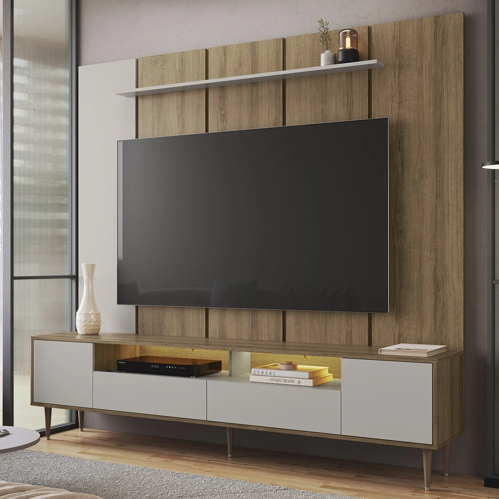 Estante Painel TV 75 Pol com LED 200cm Bianco Mel/Arenas A05 - Mpozenato