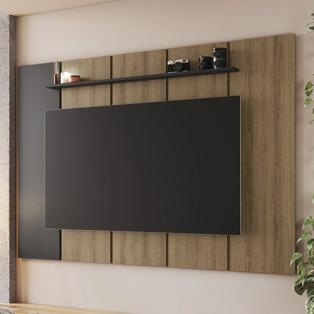 Painel TV 75 Pol Suspenso 200cm 1 Prateleira Miura Mel/Grafite A05 - Mpozenato