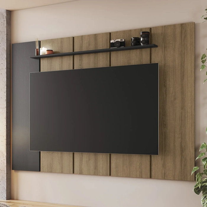 Painel TV 75 Pol Suspenso 200cm 1 Prateleira Miura Mel/Grafite A05 - Mpozenato