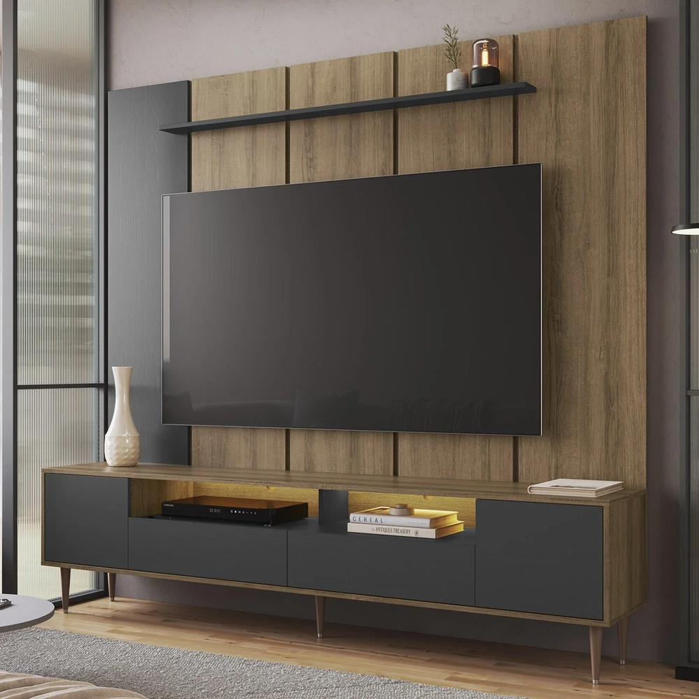 Estante Painel TV 75 Pol com LED 200cm Bianco Mel/Grafite A05 - Mpozenato