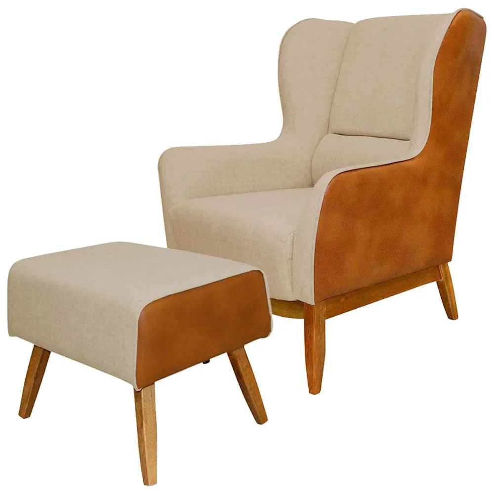 Poltrona Decorativa Base Madeira Milena e Puff Viseo C-129  Linho Bege Domi