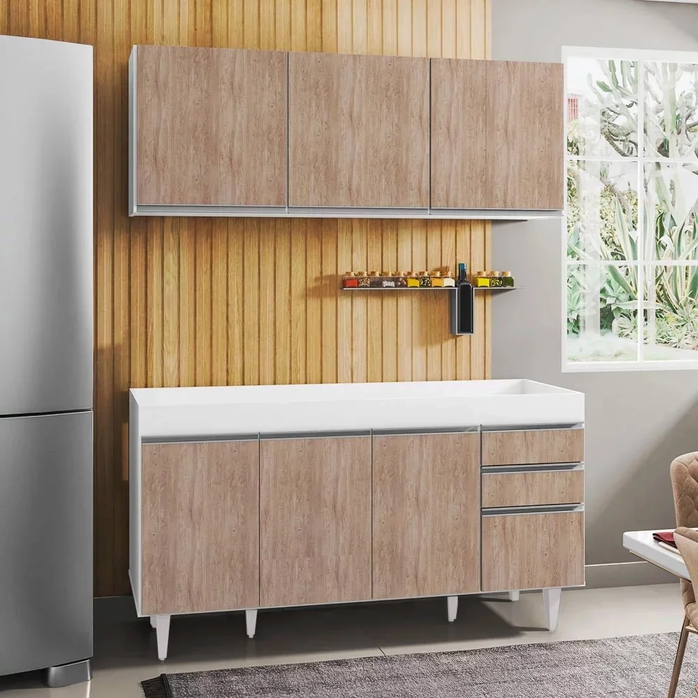 Armário Aéreo Argélia e Balcão Gabinete Para Pia 150cm sem Tampo Marrocos  Branco/Castanho - Lumil Móveis