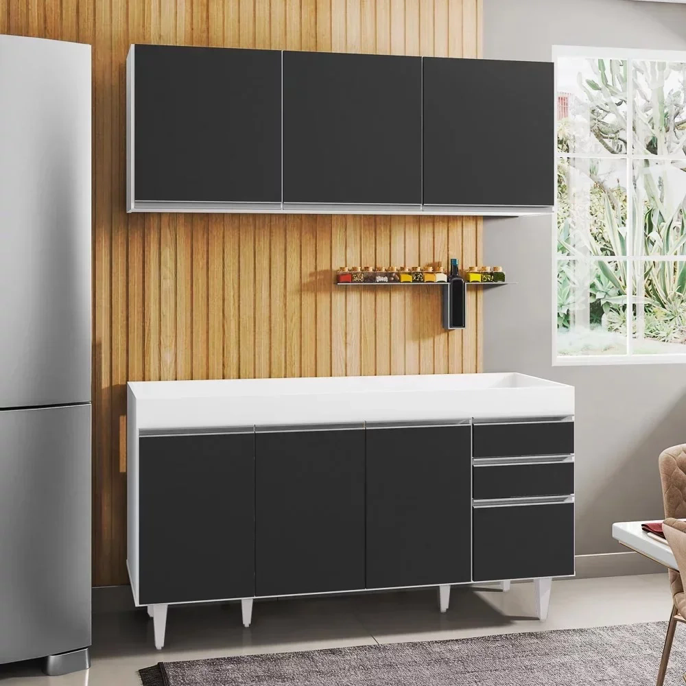 Armário Aéreo Argélia e Balcão Gabinete Para Pia 150cm sem Tampo Marrocos  Branco/Preto - Lumil Móveis