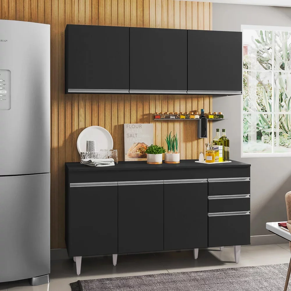 Armário Aéreo Argélia e Balcão Gabinete Para Pia 150cm com Tampo Marrocos  Preto - Lumil Móveis