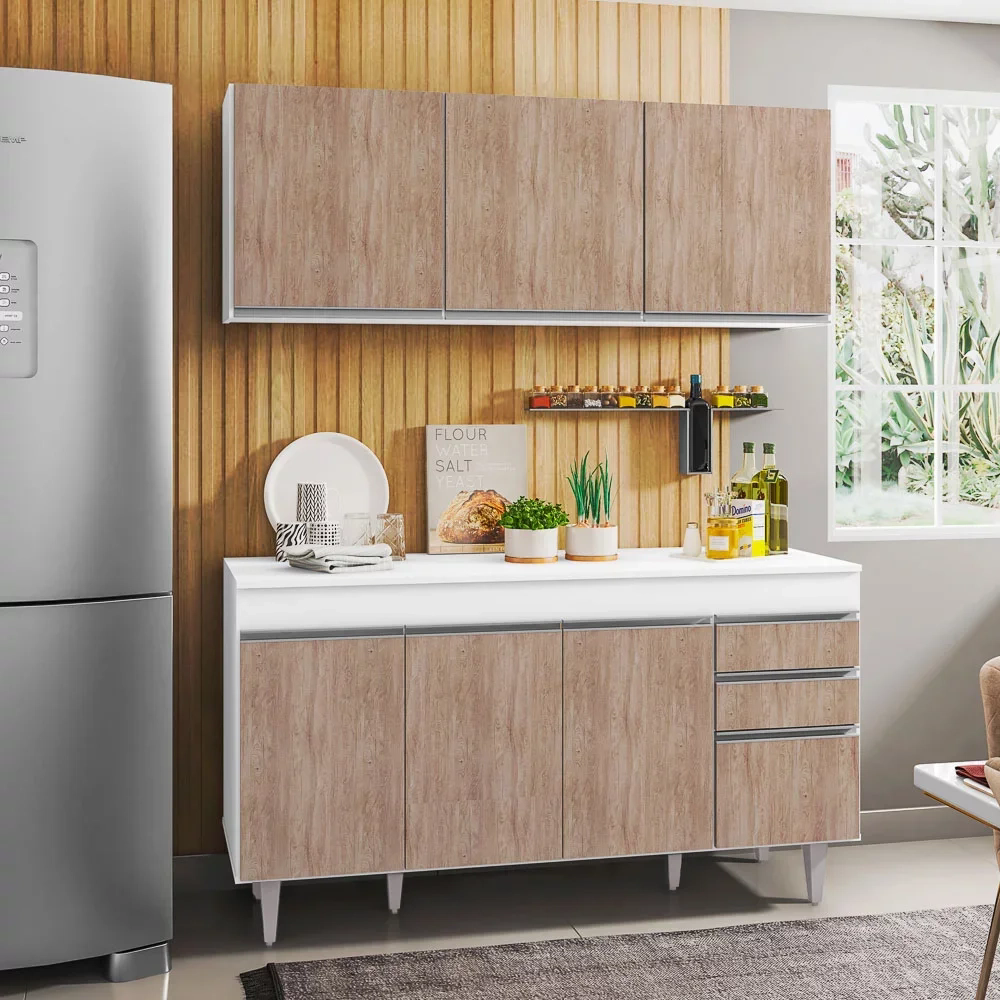 Armário Aéreo Argélia e Balcão Gabinete Para Pia 150cm com Tampo Marrocos  Branco/Castanho - Lumil Móveis