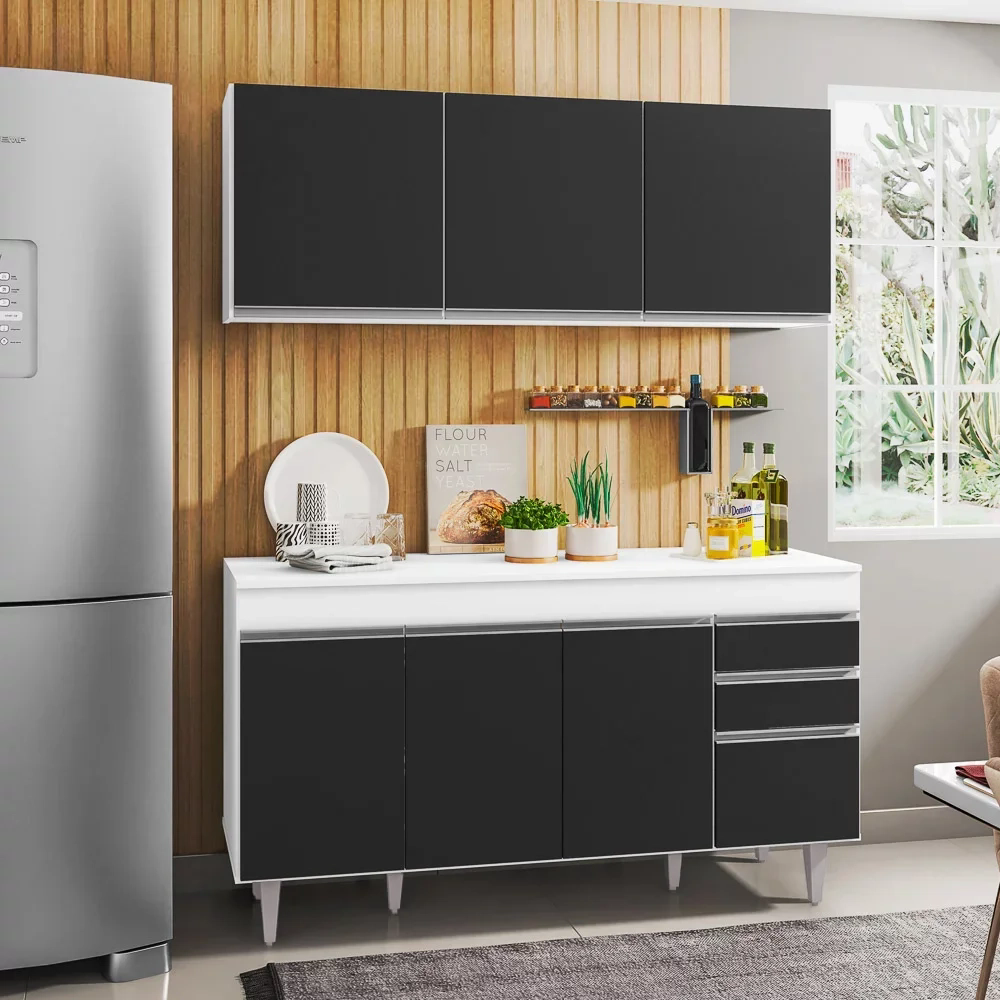 Armário Aéreo Argélia e Balcão Gabinete Para Pia 150cm com Tampo Marrocos  Branco/Preto - Lumil Móveis